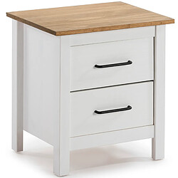 Pegane Table de chevet, table de nuit en pin massif décor ciré blanc et chêne - Longueur 46 x Profondeur 35 x Hauteur 49.5 cm