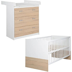 No Name Chambre bébé duo - Lit évolutif 70 x 140 cm + Commode a langer avec plan a langer inclus - ROBA - Bicolore blanc / décor chene clair