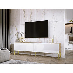 3XELIVING Meuble TV en couleur Chêne wotan / Blanc Brillant avec pieds droits en or, D: l : 170 cm, H : 52 cm, P : 32 cm