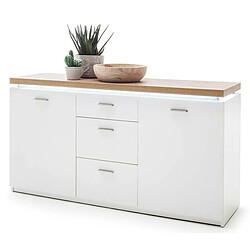 Pegane Buffet, meuble de rangement coloris blanc avec plateau finition chêne wotan - Longueur 156 x Hauteur 83 x Profondeur 44 cm