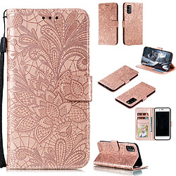 Etui en PU peau de fleur en dentelle imprimée avec support or rose pour votre Samsung Galaxy A41 (Global Version)