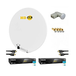 Kit Parabole Satellite Hd 4k Fibre Blanche 85cm + Lnb Twin + 2x Récepteurs Tv Fransat Avec Carte