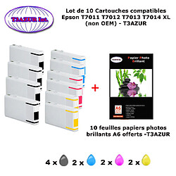 10 cartouches compatibles Epson T7011 T7012 T7013 T7014 pour WorkForce Pro WP 4595DNF +10 papiers photos A6 brillantes -T3AZUR