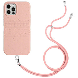 Coque en TPU + paille de blé entièrement biodégradable avec sangle pour votre iPhone 13 Pro Max 6.7 pouces - rose