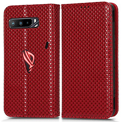 Etui en PU grille de texture, fermeture automatique magnétique avec support pour votre Asus ROG Phone 3 Strix/ROG Phone 3 ZS661KS - rouge vin