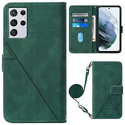 Etui en PU motif lignes avec support et cordon vert noirâtre pour votre Samsung Galaxy S21 Ultra 5G