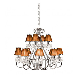 Interiors 1900 Chandelier Oksana, nickel poli, pampilles cristal, 12 abat-jours chocolat