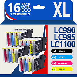 123CONSOMMABLES - LC1100 LC980 LC985 - Pack 16 cartouches compatibles avec Brother DCP-195C DCP-585CW DCP-385C DCP-375CW MFC-990CW MFC-6490CW MFC-490CW MFC-5890CN MFC-J615W