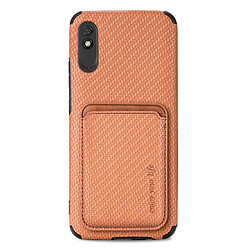 Coque en TPU + PU Anti-rayures, anti-choc, texture fibre de carbone avec porte-carte, marron pour votre Xiaomi Redmi 9A