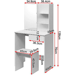 Helloshop26 Coiffeuse avec tabouret miroir et système d'étagères 138 cm blanc 19_0000356