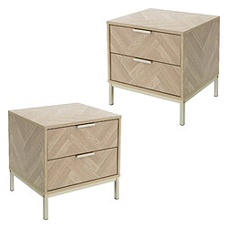 ML DESIGN MODERN LIVING Lot de 2 table de chevet commode 2 tiroirs à chevrons marron structure en métal