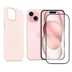 Coque de protection souple silicone Rose + Lot de 2 Verre trempé avec bords Noir pour iPhone 15 6.1" - VISIODIRECT -