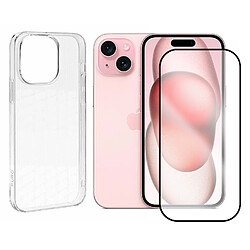 Coque de protection souple silicone transparente + Lot de 2 Verre trempé avec bords Noir pour iPhone 15 6.1" - VISIODIRECT -