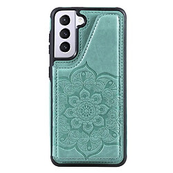 Coque en TPU + PU motif fleur, anti chute avec béquille et porte-cartes vert pour votre Samsung Galaxy S21 5G