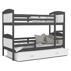 Kids Literie Lit Superposé 3 Places Mateo 90x190 Gris - blanc Livré avec sommiers, tiroir et matelas en mousse de 7cm