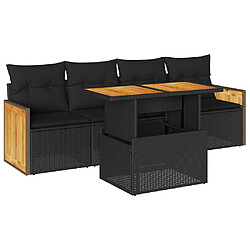 vidaXL Salon de jardin 5 pcs avec coussins noir résine tressée acacia