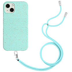 Coque en TPU + paille de blé entièrement biodégradable, texture naturelle, antidérapant avec sangle pour votre iPhone 13 mini 5.4 pouces - bleu ciel