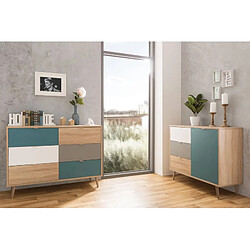 But Commode scandinave 6 tiroirs ARUBA Chêne, bleu, gris et blanc