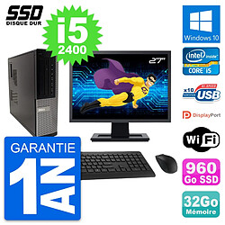 PC Dell 990 DT Ecran 27" Intel Core i5-2400 RAM 32Go SSD 960Go Windows 10 Wifi - Occasion