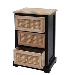 Decoshop26 Commode meuble de rangement avec 3 tiroirs en bois noir et rotin 63x40x28 cm 04_0006510