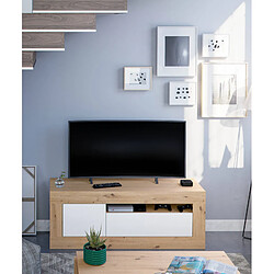 Alter Meuble TV de salon, Buffet moderne avec 2 portes et 1 compartiment ouvert, Cm 139x42h53, Couleur chêne avec effet n?uds et Blanc