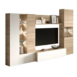 Alter Meuble de salon modulable composé d'un module meuble TV bas à une porte, de deux vitrines à trois portes et de luminaires LED avec une étagère centrale, coloris chêne avec inserts blanc brillant, 260 x185 x 42 cm.