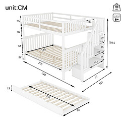 ComfortXL Lit superposé 140x200cm avec étagères d'escalier, lit roulant, garde-corps élevé, blanc pas cher