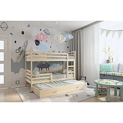 Kids Literie Lit Superposé 3 Places Milo 90x190 Pin Livré avec sommiers, tiroir et matelas en mousse de 7cm