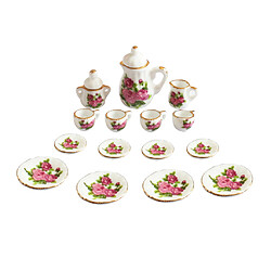 Avis 15Pieces 1/12 Dollhouse Miniature Dining Ware Set De Thé En Porcelaine à Fleurs Roses