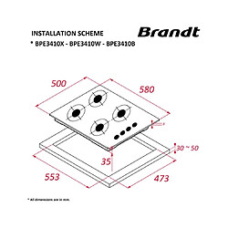 Table de cuisson gaz 60cm 4 feux blanc - BPE3410W - BRANDT