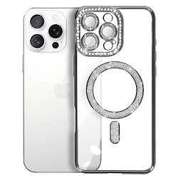 Avizar Coque Diamant pour iiPhone 16 Pro Max MagSafe Contour Strass Argent