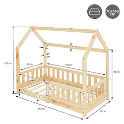 ML-Design Lit d'enfant en bois de pin naturel lit maison anti-chute avec matelas 140x70 cm pas cher