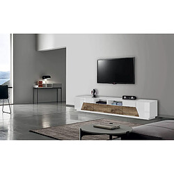 Alter Meuble TV de salon, Made in Italy, meuble TV avec 4 portes géométriques et 2 tiroirs, cm 260x43h46, blanc brillant et érable