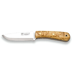 Couteau de chasse Joker "S Mountaineer" CL135, lame Sandvik 14C28N de 11 cm, manche en bouleau frisé, étui en cuir brun, outil pour la pêche, la chasse, le camping et le trekking