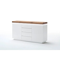 Pegane Buffet LED laqué blanc mat avec plateau en chêne noueux huilé - L150 x H81 x P40 cm