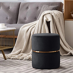 Decoshop26 Tabouret rembourré rond pouf collier métallique doré en tissu velours noir TABO09067 pas cher