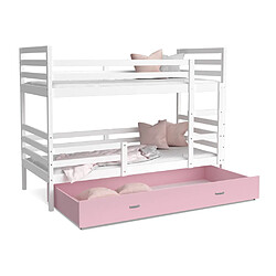 Kids Literie Lit Superposé Milo 90x190 Blanc - rose Livré avec sommiers, tiroir et matelas en mousse de 7cm