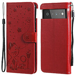 Etui en PU + TPU motif chat et abeille, antichoc avec support et porte-cartes rouge pour votre Google Pixel 6 Pro