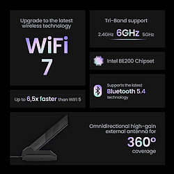 HCX Carte WiFi 7 BE8700Mbps, Tri-Bandes, Bluetooth 5.4, WPA3, Module BE200 pas cher