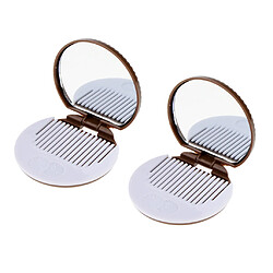 Miroir de maquillage 2 plis rond compact avec peigne poche biscuit taille marron mignon