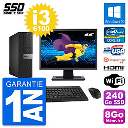 PC Dell 7040 SFF Ecran 22" Intel i3-6100 RAM 8Go SSD 240Go HDMI Windows 10 Wifi - Occasion