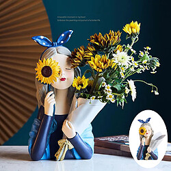 Fille Fleur Vase Artisanat Résine Maison Bureau Figurine Ornement Décor Bleu pas cher