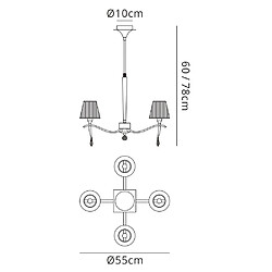 Luminaire Center Suspension Siena rond 4 Ampoules E14, laiton poli avec Abat jours crème ambré et cristal transaparent