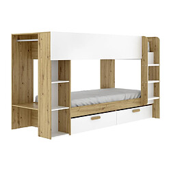 Avis Vente-Unique Lits superposés 2 x 90 x 200 cm avec rangements et penderie - Blanc et naturel + Matelas - OZANA