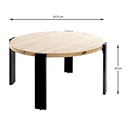 Pegane Table basse, Table de salon en bois chêne et métal noir - diamètre 75 x hauteur 42 cm