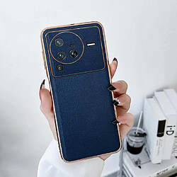 Coque en TPU + cuir véritable électroplaqué pour votre Vivo X80 Pro 5G - bleu