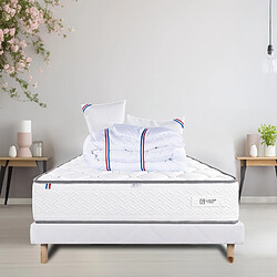 LUXURY LITERIE Ensemble Matelas Iris (20 cm) mousse haute densité, ferme, face été/hiver, Sommier blanc (13cm), Oreiller et Couette, 160x200cm