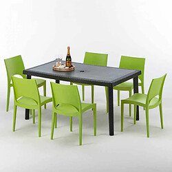 Grand Soleil Table rectangulaire et 6 chaises Poly rotin colorées 150x90cm noir Enjoy, Chaises Modèle: Paris Vert