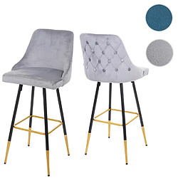 Mendler 2x tabouret de bar HWC-E70, chaise de bar/comptoir, design rétro, velours, haubans/pieds dorés ~ gris