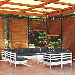 vidaXL Salon de jardin 12 pcs avec coussins blanc bois de pin solide